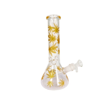 Glasbong Ice konisch transparent Hanfblatt gold Höhe 25cm Ø 5cm Chillum 18,8er Schliff