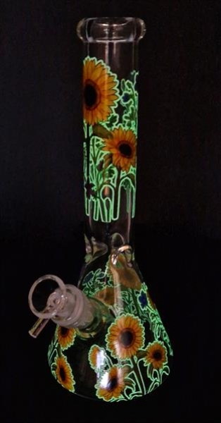 Glas Kolbenbong ICE Percolator GLOW IN THE DARK Sonnenblumen 26cm ø 45mm