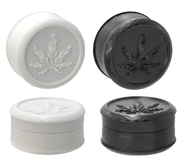 Plastikmühle Kunststoffgrinder Soft Touch mit Pyramidenspitzen, ca. ø 50mm, "Leaf" schwarz & weiß
