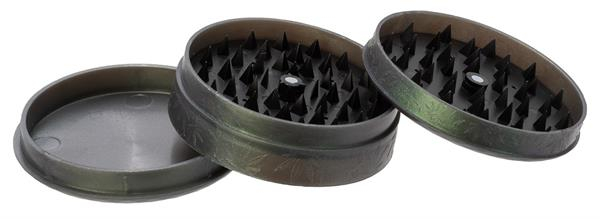 Plastikmühle Kunststoffgrinder Soft Touch mit Pyramidenspitzen, ca. ø 70mm, "Leaf" dunkelgrün metallic