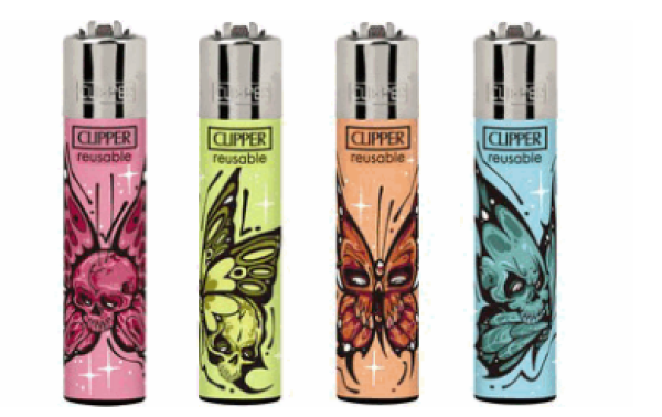 Clipper Feuerzeuge groß 48er Display Sprüche Butterfly-Skull